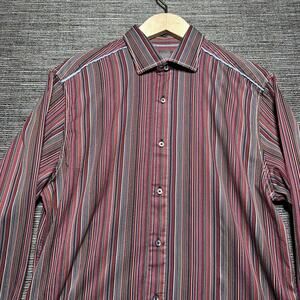 Ike Behar Shirt Men's Large Red Striped LS Button Modern Fit Disco Retro